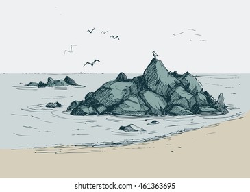Sea sketch with rocks and gulls. Vector illustration.
