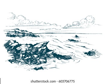 Sea sketch with rocks. Hand drawn illustration converted to vector.