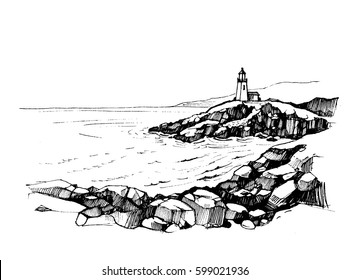 Sea sketch with rocks and lighthouse. Hand drawn illustration converted to vector.