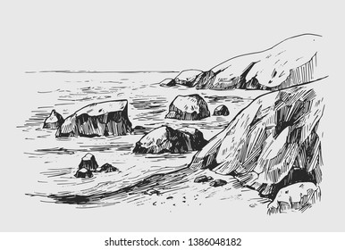 Sea sketch with rocks and mountains. Hand drawn illustration converted to vector