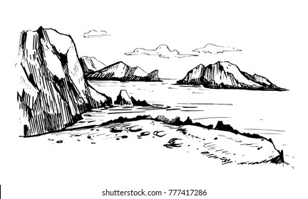 Sea sketch with rocks and mountains. Hand drawn illustration converted to vector