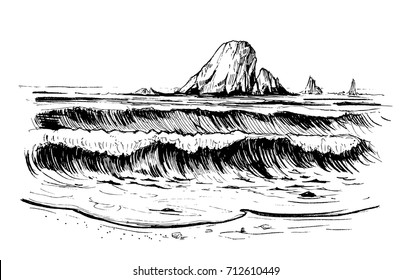 Sea sketch with rocks and waves. Vector illustration.