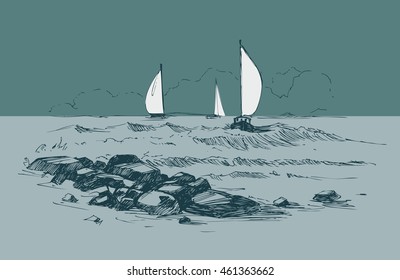 Sea sketch with rocks and yachts. Vector illustration.