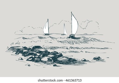 Sea sketch with rocks and yachts. Vector illustration.