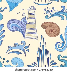 Sea Sketch Vector Pattern | Seamless travel doodle style background with creative water waves, drops and lighthouse for nursery textile and wallpaper