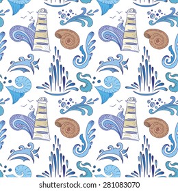 Sea Sketch Vector Pattern | Seamless travel doodle style background with creative water waves, drops and lighthouse for nursery textile and wallpaper