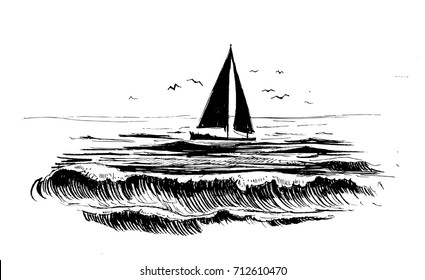 Sea sketch with waves and yachts. Vector illustration.