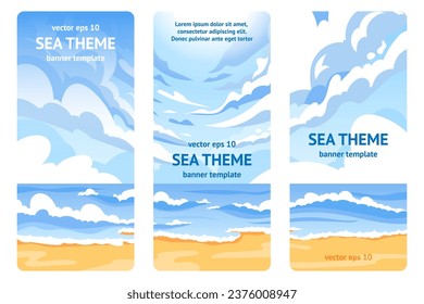Sea and sky background. Seashore with sand. White clouds. Beach shore, water waves and horizon. Tropical resort. Vertical banner template. Social media stories. Vector cartoon flat style illustration