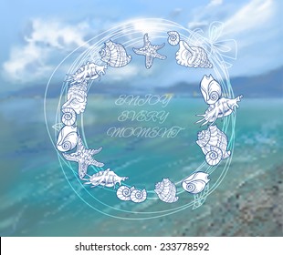 Sea and sky  background vector illustration with seashell frame