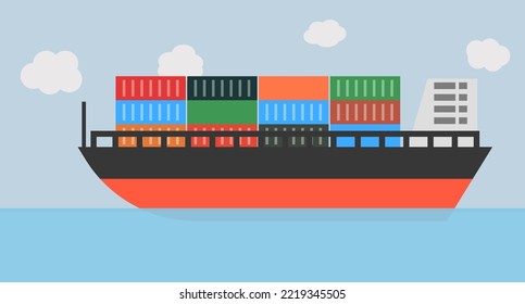 Fondo de mar, cielo y barco de carga. Barco de contenedores. Vector.