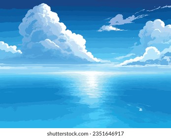 sea ​​blue sky cloud sun reflection wave sunny summer 2d render