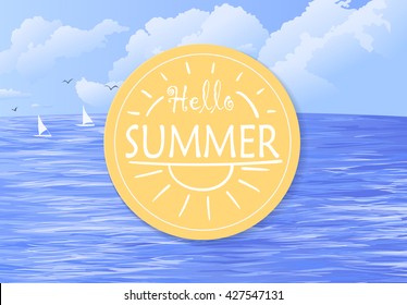 Sea and sky with clouds, two boats and flying birds. Summer vacation illustration. Template design with label and  lettering.