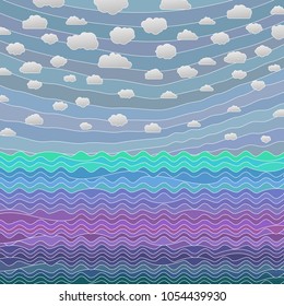 sea sky, vector ocean background of blue water, wave, summer, sun and nature