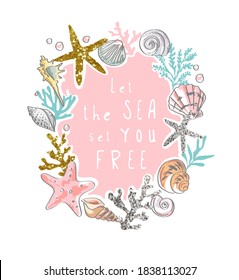 sea slogan in colorful seashells hand drawn illustration