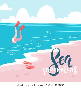 Sea snorkeling- Colorful flat vector cartoonstyle art with a diving woman in flippers. Sand beach landscape. Travel concept.Vector flat illustration.