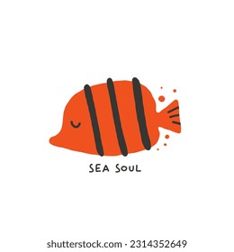 Sea soul. Hand drawn vector cartoon crab lettering illustration for kids. Amusing Sea Animal