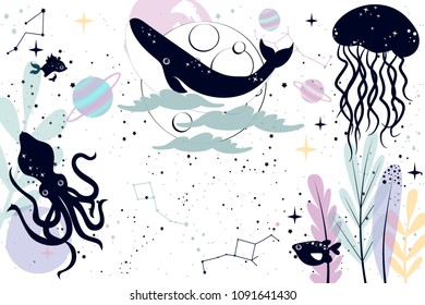 Sea space illustration poster. Sea animals and space background with stars and planet. Editable vector illustration