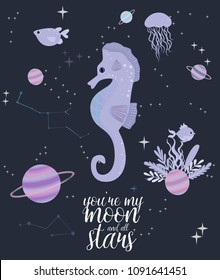 Sea space illustration poster. Sea animals and space background with stars and planet. Inspiration quotes. Editable vector illustration