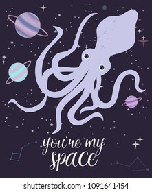 Sea space illustration poster. Sea animals and space background with stars and planet. Inspiration quotes. Editable vector illustration