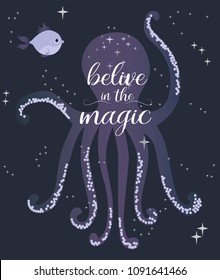 Sea space illustration poster. Sea animals and space background with stars and planet. Inspiration quotes. Editable vector illustration