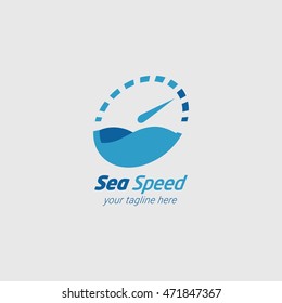 Sea Speed. Speedometer logo, emblem, icon design template. Vector Illustration. Flat Style Design.