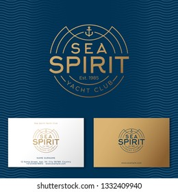 Sea spirit emblem. Yacht Club emblem. Letters and an anchor on a background with waves. Identity. Business card.