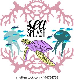 Sea splash summer advertising  vector illustration with turtles and corals reef.