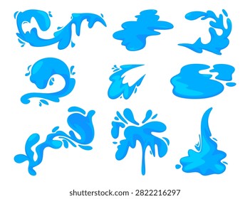 Sea splashes, falling aqua drops and ocean waves. Rainwater motion effects. Nature object spatters set, water sputters and splashdowns collection. Vector clean liquid movement concept