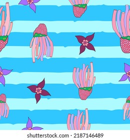 sea sponges stripes sea seamless pattern. Sea sponges placed on blue stripes seamless underwater pattern suitable for fabric, textile, tile and interior.