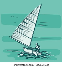 Sea sport. Sketch. Competitions of boats on the water.  Sailor manages a sailing yacht. Vector illustration.