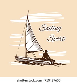 Sea sport. Sketch. Competitions of boats on the water. On a beige background with white clouds. Sailor manages a sailing yacht. Vector illustration.