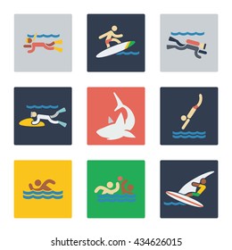 Sea sports flat icons with people and dangerous sea predator shark. Vector illustration
