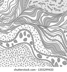 Sea square pattern with lines and waves. Nautical background. Line art creation. Decorative style. Design for spiritual relaxation for adults. Black and white illustration