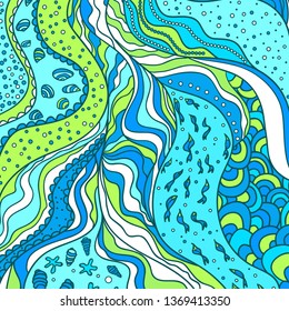 Sea square pattern with lines and waves. Colorful nautical background. Line art creation. Decorative style. Design for spiritual relaxation for adults