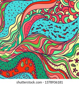 Sea square pattern with lines and waves. Colorful nautical background. Line art creation. Modern style