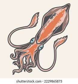 Sea squid emblem colorful detailed architeutis with tentacles with suction cups for decoration educational materials about inhabitants ocean vector illustration