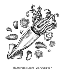 Sea squid, shells and pebbles. A hand-drawn vector graphic illustration. Black and white image of marine objects. Separate from the background. Perfect for menus, recipe books, packages, labels.