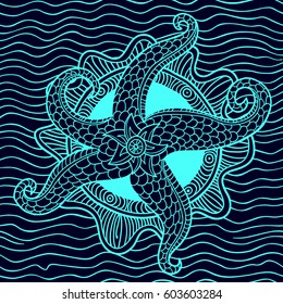 Sea star. Abstract seamless pattern. Vector illustration with waves.