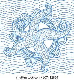 Sea star. Abstract seamless pattern. Vector illustration with waves.