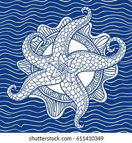 Sea star. Abstract seamless pattern. Vector illustration with waves.