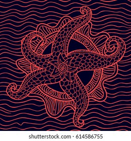 Sea star. Abstract seamless pattern. Vector illustration with waves.