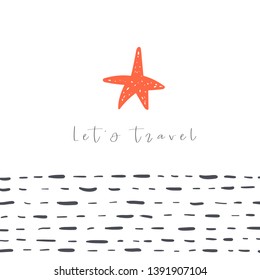 Sea star background with text space, abstract elements.Card, postcard, poster about travelling, vacation, leisure, trip, tourism