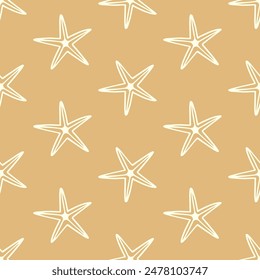 Sea Star Beach Sommer Seestern Boho nahtlose Muster. Minimale Wiederholtextur der Vektorgrafik unter Wasser. Handgezeichnete Kritzeleien tropischer niedlicher Hintergrund. Moderne Textilien, Druck, Bildschirmhintergründe, Packpapier.