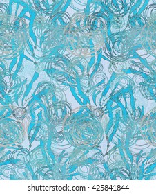Sea star with bubbles with kelp.Hand drawn seamless pattern. Nature textile design. Ocean fabric collection.
