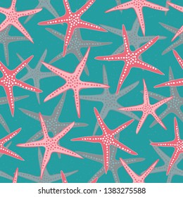 Sea star colorful seamless pattern in turquoise, pink and fuschia. Dynamic repeat design. Great for beachwear, paper items, coastal home decor, textiles, summer fashion and swimwear.