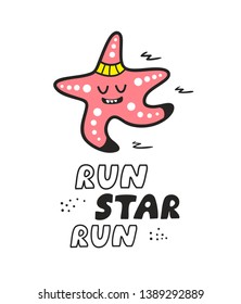 Sea star doing sport running scandinavian style poster. Vector illustration cool print for t-shirt, card or room decor.