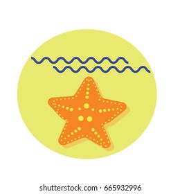 Sea star flat icon with shadow and sea, vector