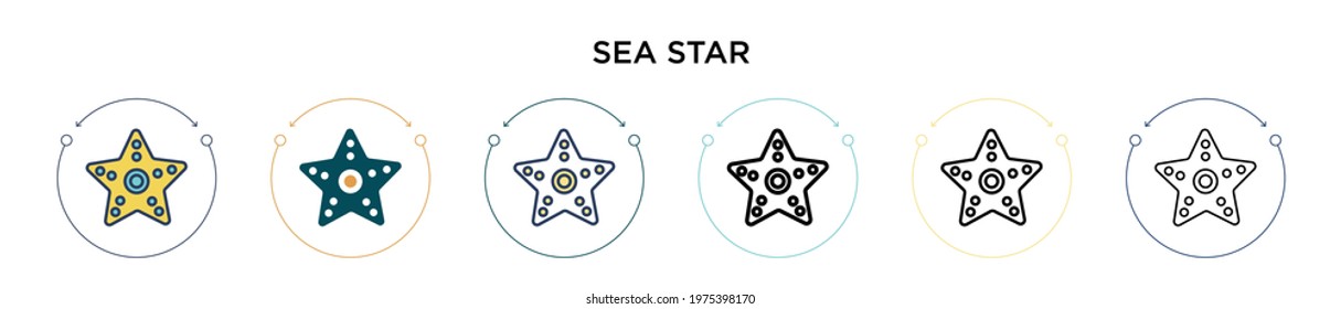 Sea star icon in filled, thin line, outline and stroke style. Vector illustration of two colored and black sea star vector icons designs can be used for mobile, ui, web