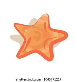 Sea star icon isolated vector illustration on white background. Light brown starfish with orange outlines casting shadow in cartoon style
