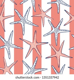 Sea star seamless beach pattern. Colorful coral, white, navy blue repeat design, great for beach wedding invitations, coastal home decor design, nautical textiles, summer fashion and swimwear. Vector.